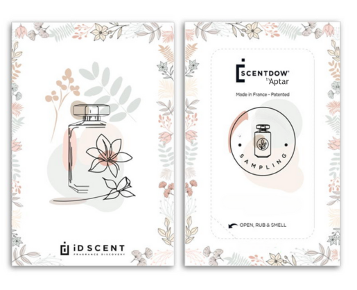 Front and back of a floral-themed perfume sample card. The front highlights a perfume bottle with flowers, while the back features instructions to open, rub, and smell this long-lasting paper fragrance sampling, framed by decorative floral borders.