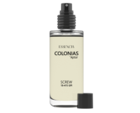 A clear glass spray bottle labeled Essencia Colonias by Aptar offers a discreet refillable fragrance experience, featuring a black screw-on fragrance pump and a matching black cap placed beside it. The bottle contains a light-colored liquid.