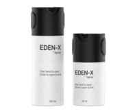 Two white cylindrical bottles with black push-to-open actuators labeled "EDEN-X by Aptar" showcase lockable versatile airless packaging. The 100 ml and 50 ml bottles both feature instructions: “One hand to open. Click to open & lock.”.