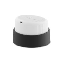 A close-up of a spray can twist-to-lock aerosol actuator for gel with a white top and black base, isolated on a white background. The nozzle features a small dispensing hole and grooved texture for grip.