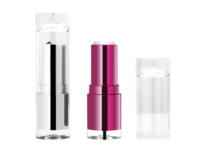 Three non guided lipstick packaging are shown: one with a silver casing, one with a pink casing and the cap removed to reveal the lipstick, and one clear cap placed separately on the right.