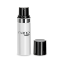 A white cylindrical bottle labeled nano by Aptar which is travel-size airless packaging with a shiny black dispenser and a separate black cap placed beside it on a white background.