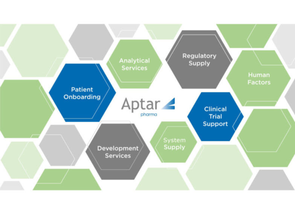 Aptar Pharma logo surrounded with green, blue and grey hexagons containing integrated nasal support services.