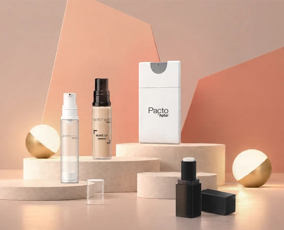 A variety of mini packaging formats for skincare, color cosmetics, and fragrance products are displayed on elevated podiums in a modern studio setting.