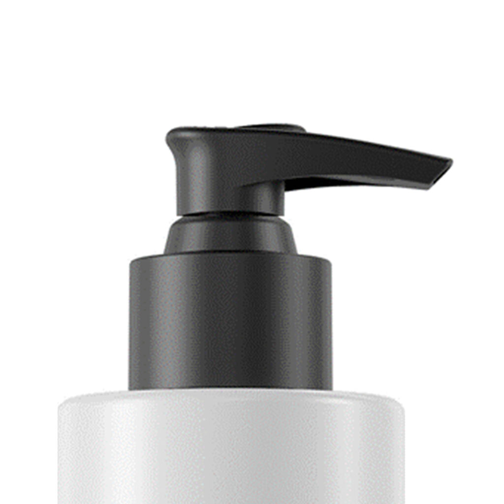 Close-up of Euroflow Standard a high performance dispensing pump with a black pump top and a white bottle, typically used for liquid soap, lotion, or sanitizer, against a plain white background.