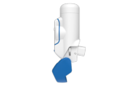 Aptar Pharma's white and blue Breath Actuated Inhaler (BAI) shown from a side angle with open door.