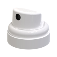 Close-up of WS25,  a modern aerosol actuator on a white plastic spray can nozzle, set against a plain white background.