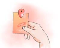 A hand holds a rectangular spray bottle labeled SPRAY Imagin , with a finger pressing down to dispense an ultra-flat fragrance sampling.