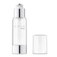 A clear classic premium airless packaging with a silver base and dispenser, labeled SIRIUS by Aptar, stands upright next to its transparent, cylindrical cap on a plain white background.