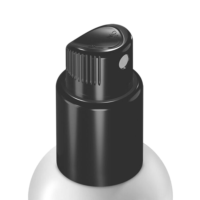 Close-up of a black PZ Twist twist-to-lock spray pump with a ribbed grip and embossed "ON" marking, mounted on a white bottle with a smooth surface. The nozzle is circular and positioned on the side of the pump head, angled slightly to the right against a plain white background.