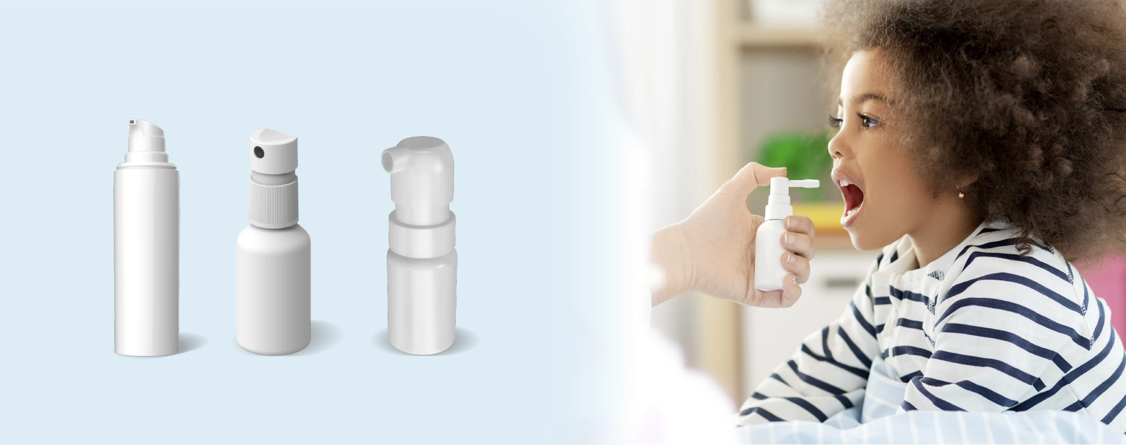 A young girl in bed receiving oral dosing of liquid spray, drop or gel product from oral spray or dropper system from Aptar.