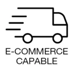 Line drawing of a delivery truck with speed lines, symbolizing fast shipping. Below the truck, the text reads E-COMMERCE CAPABLE ideal for products like twist-to-lock aerosol actuators that require secure delivery.