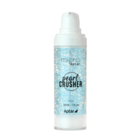 A clear airless packaging bottle with a pump dispenser labeled micro Aptar Pearl Crusher contains a blue and white speckled product to display the ability to dispense formulas with pearls in it. The 30ml (1.1 oz) bottle displays the Aptar logo at the bottom.