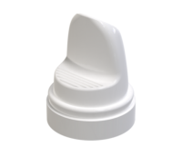 A white, plastic, classic inverted foam aerosol actuator labeled Ella design to fit securely onto a bottle.