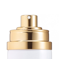 Close-up of a gold actuator named "All Over Spray" by Aptar, set against a plain white background. The sleek design highlights Aptar’s premium aerosol packaging.