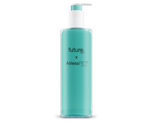 A turquoise rectangular pump bottle labeled Future Airless PET, Aptar's recyclable PET airless packaging with a white pump dispenser and a transparent cap, stands upright against a plain white background.