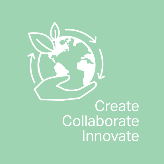 Create, collaborate, innovate with sustainability icon on mint green background