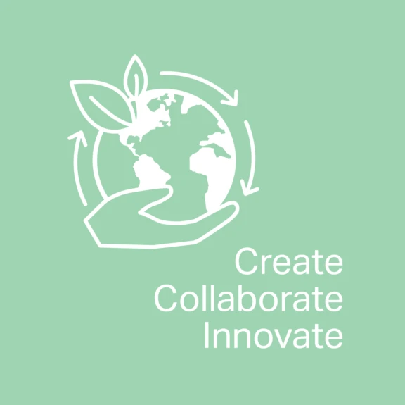 Create, collaborate, innovate with sustainability icon on mint green background