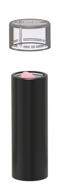 A black cylindrical tube of refillable lipstick packaging with a pink tip, shown with its clear plastic cap removed and floating above.