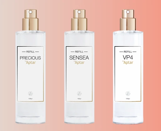 Three clear spray bottles labeled  PRECIOUS, SENSEA, and VP4 by Aptar are displayed side by side. Each features a gold Fragrance Pump, with SENSEA showcasing a high-quality prestige fragrance pump.