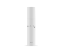 A sleek white bottle labeled AURIGA, designed with high-end airless beauty packaging, stands upright against a plain white background, reflecting a minimalist and premium aesthetic.