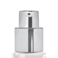 Close-up of a chic and premium cosmetic pump in metallic silver atop a clear bottle filled with pale pink liquid, set against a white background.