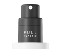 Close-up of PZ Advance, a recyclable spray pump with FULL PLASTIC written in white on the black collar on a white bottle, set against a white background.