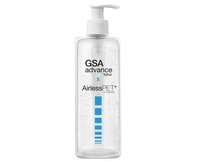 Clear GSA advance Airless PET packaging on a white background filled with gel formula.
