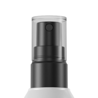 Close-up of a black plastic spray pump for high-viscosity formulas named PZ2, featuring a transparent cap and isolated on a white background.