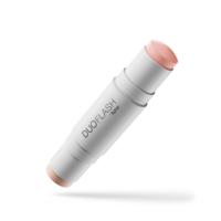 A double-ended, mono-material face stick labeled DUOFLASH with light pink and nude shades on each end, displayed diagonally on a white background with a subtle shadow.