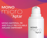A white airless dispenser bottle labeled MONO Micro by Aptar is shown against a pink, orange, and purple gradient background with text stating it is a mono-material PE and fully recyclable airless packaging solution.