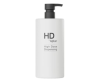 White plastic pump bottle labeled "HD by Aptar High Dose Dispensing" against a plain background.