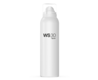 A white aerosol spray can with a clear plastic cap, featuring a contemporary aerosol actuator and labeled ws30 by  Aptar in black text on the front. The design is minimalistic against a plain white background.