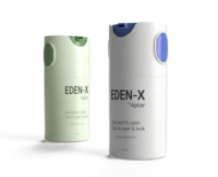 Two cylindrical bottles labeled EDEN-X by Aptar stand on a white background. Featuring lockable, versatile airless packaging, one bottle is light green with a green button and the other is white with a blue button. Both have instructions to click to open and lock.