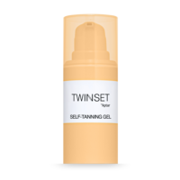 An orange pump bottle with 2-in-1 Airless Packaging labeled TWINSET by Aptar SELF-TANNING GEL against a white background.