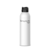 A tall, white spray bottle with a black Intuitive Twist-to-Lock Aerosol. The label reads Simplicity by Aptar. The background is plain white.