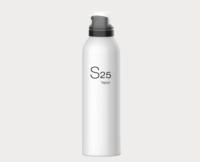 A tall, white spray bottle with an  actuator for gel and foam. The bottle is labeled S25 Aptar in simple black text on the front. The actuator stands out against the light gray background.