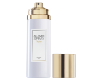 A white bottle labeled All Over Spray by Aptar features a gold actuator and matching gold cap placed beside it, showcasing premium aerosol packaging. The bottle stands upright with the cap removed.
