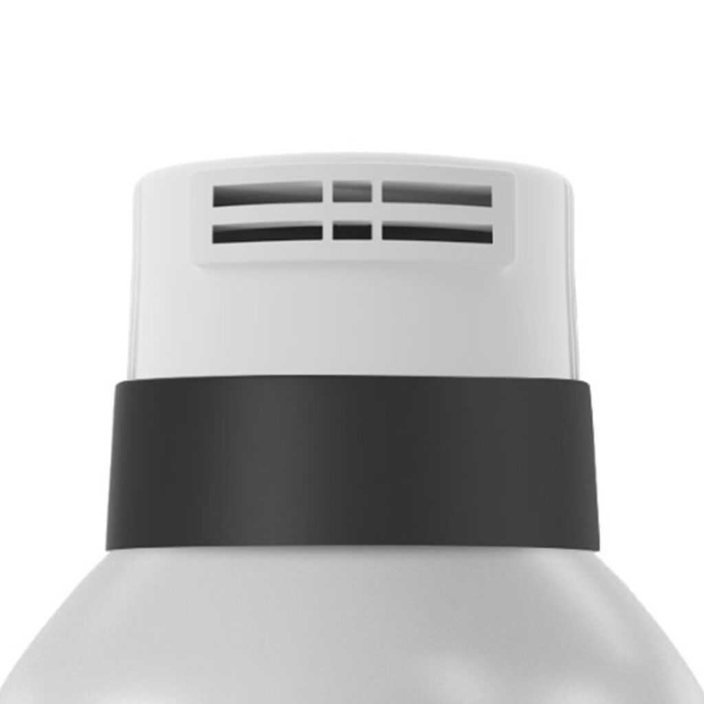 Close-up of the top of a white spray bottle with a black band indiciating the product (Ringo) is a twist-to-lock aerosol actuator for foam and rectangular vents on the actuator.
