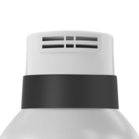 Close-up of the top of a white spray bottle with a black band indiciating the product (Ringo) is a twist-to-lock aerosol actuator for foam and rectangular vents on the actuator.
