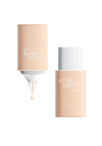 Two peach-colored bottles labeled STAR DROP by Aptar, featuring drop-by-drop dispensing  : one is  upright with a white cap and one upside down with a dropper releasing foundation. The design is clean and minimalistic on a white background.