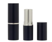 Three components of Non Guided Lipstick Packaging shown against a white background - a fully assembled black and silver tube, an open tube revealing the silver lipstick mechanism, and a separate black cap placed beside it.