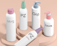 Five white bottles with colored and pumps indicating a collection of products.  The actuators are all in a matte finish in soft pastel tones of pink, blue, green, and purple.  Each bottle features different text labels: PZ, Gsa, Future , and Moritz, a Classic Twist to Lock Aerosol actuator, are displayed on beige circular platforms with a monotone beige background that matches the platforms.