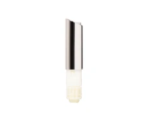 A cylindrical device with a metallic silver top and a white plastic bottom, featuring a guided lipstick mechanism, stands upright against a white background. The design appears sleek and modern.