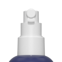 Close-up of a PZ Nozzler, a white spray pump with nozzle on top of a blue navy bottle, photographed against a plain white background.