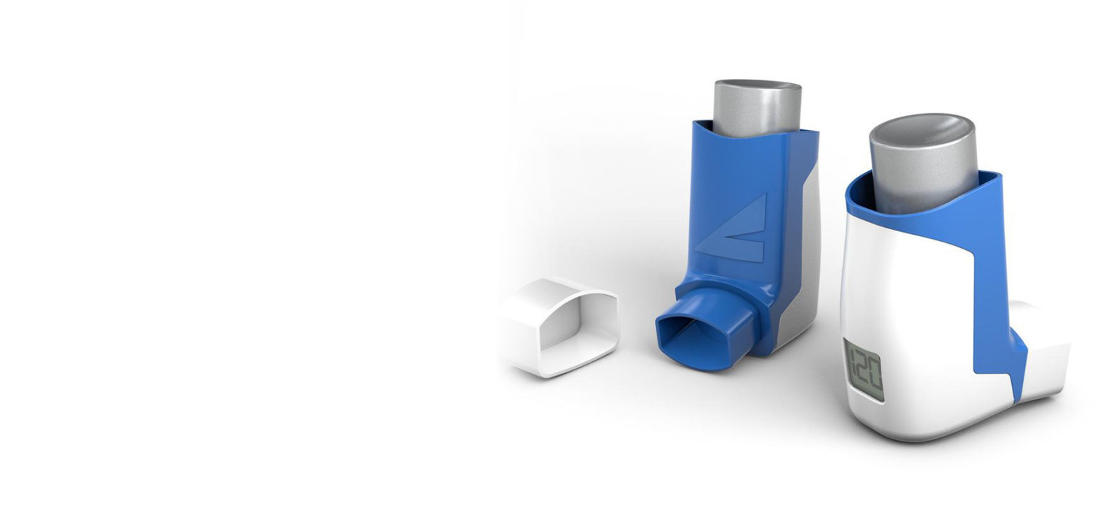 Angled shot of two blue and white Aptar Pharma MDI solutions front and back with integrated digital dose counter.
