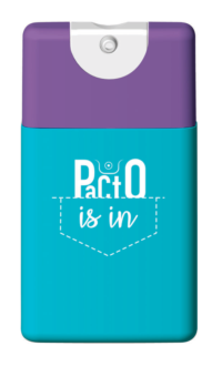 "Compact rectangular sampler for PACTO Lotion with a purple top and turquoise body, featuring the phrase 'Pacto is in' within a dotted pocket-style outline, designed for pocket-size beauty packaging. "