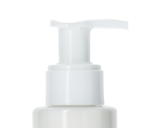 Close-up of a white plastic bottle featuring a Dispensing Pump with Metal-Free Pathway named GSA, shown against a plain white background.