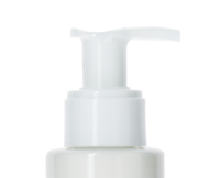 Close-up of a white plastic bottle featuring a Dispensing Pump with Metal-Free Pathway named GSA, shown against a plain white background.