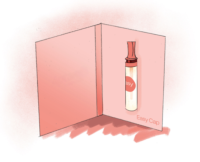 A drawing of a product display card with a cylinder-shaped item labeled Easy and the text Easy Cap below, designed for fragrance sampling with a twist and dab applicator. The pink background and card feature soft shading and shadows.